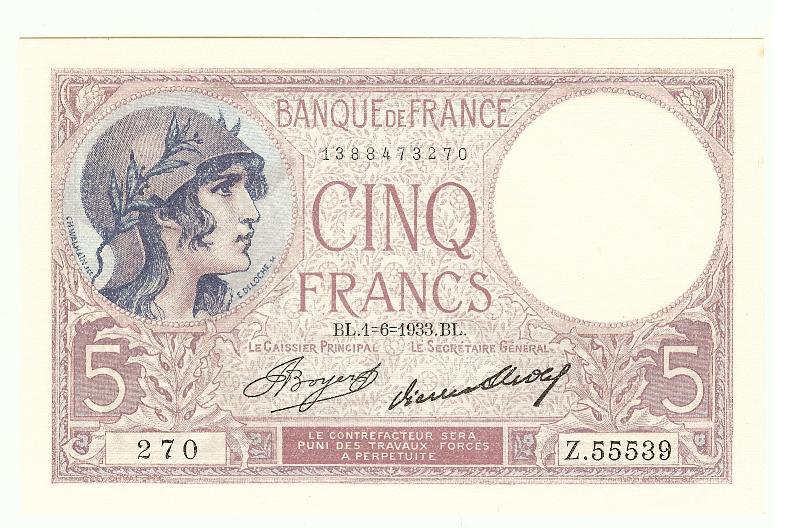 5 Francs Violet 1-6-33 Neuf
